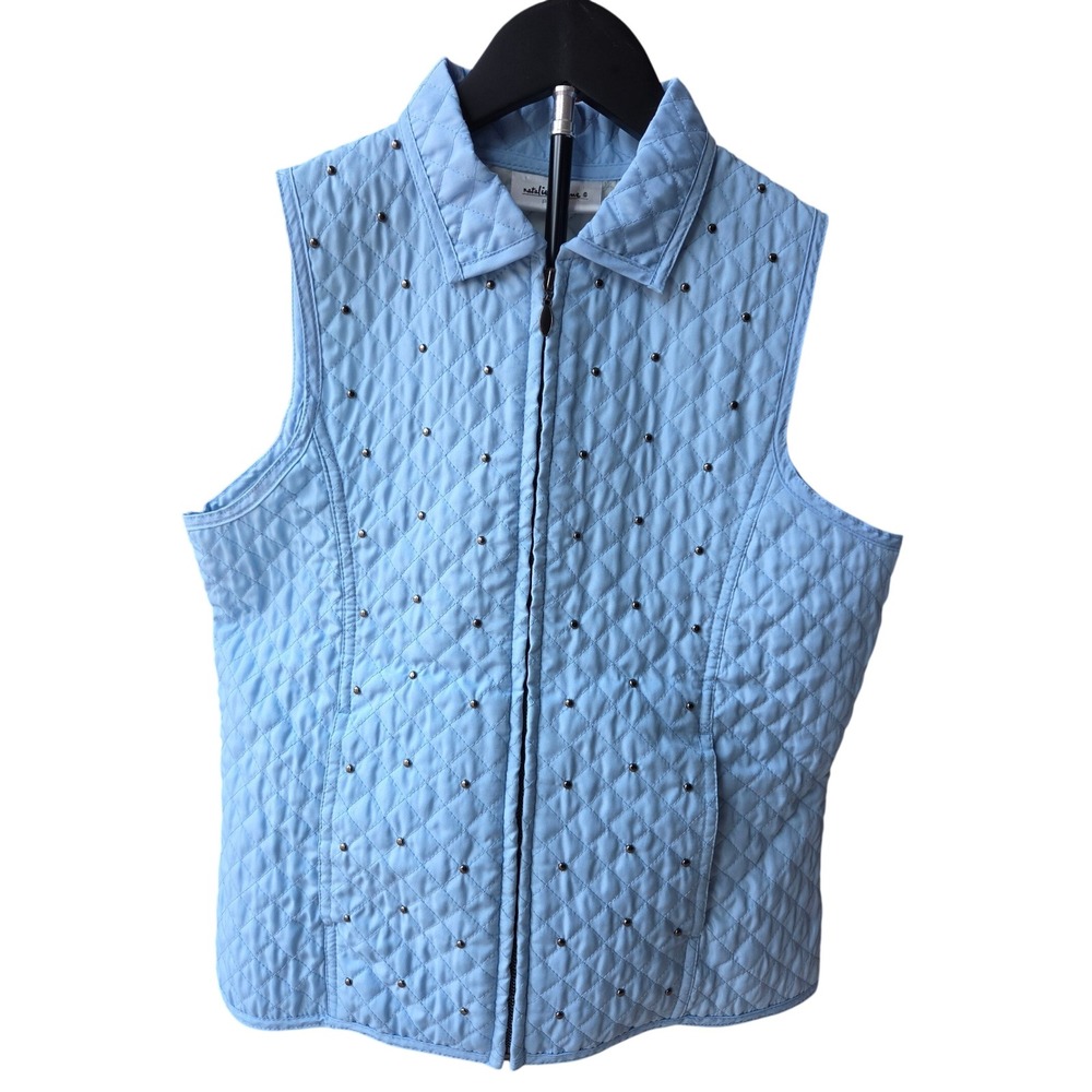 Natalie & Me Pastel Blue Quilted Studded Collared Zip Up Women Vest Petite Small